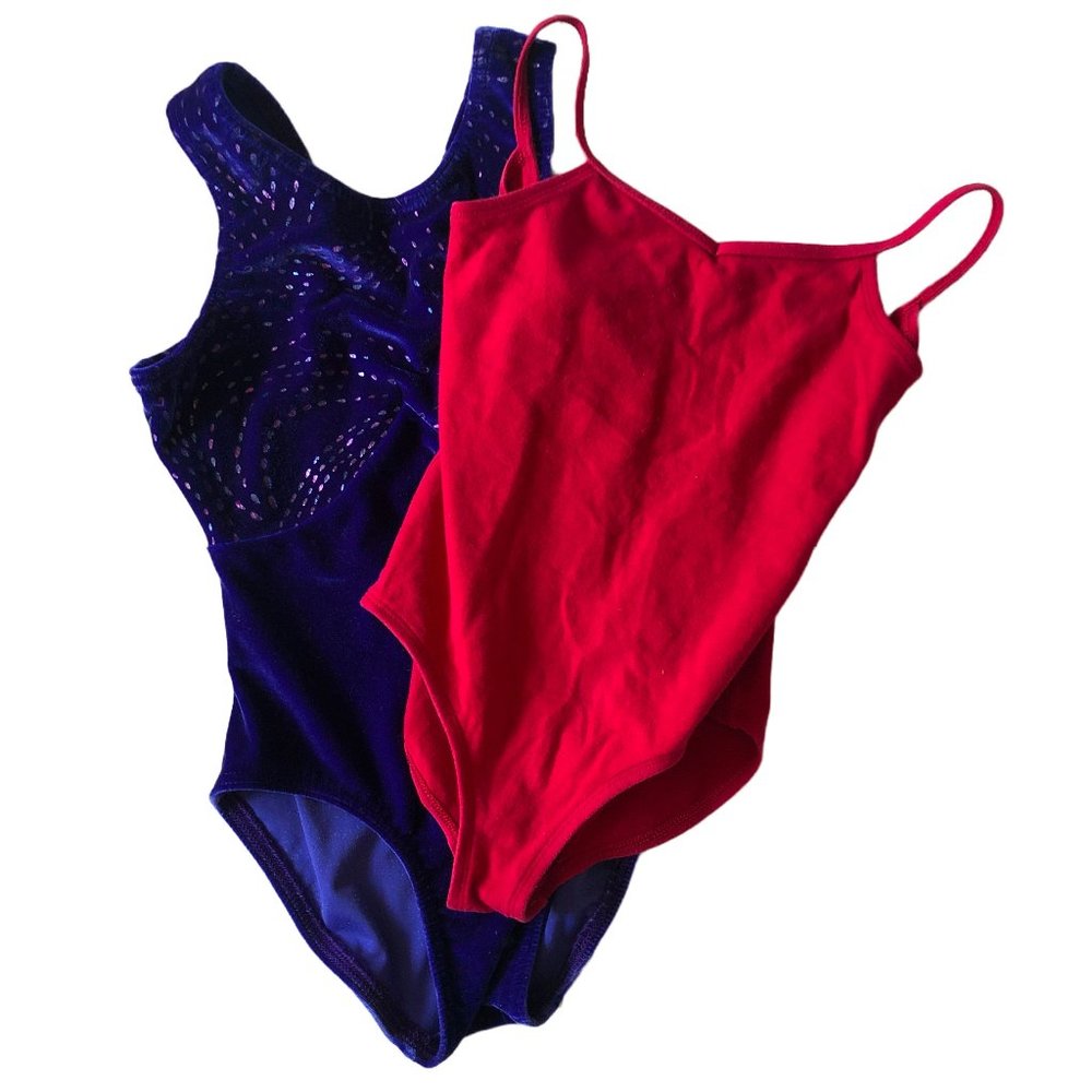 Set of Two Girl Leotard / Gymnastics Dance XS Red & Purple Bodysuits